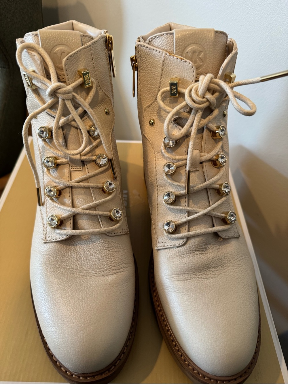Michael Kors Cream Lace-Up Leather Combat Boots with Gold Hardware